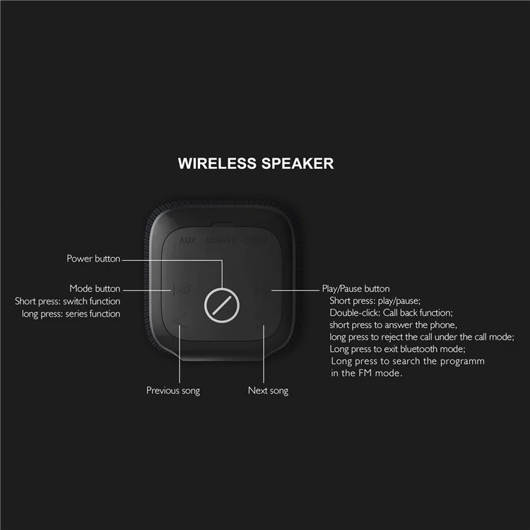 Portable Outdoor Rechargeable Waterproof Bluetooth Speaker FM Radio Wireless Music Subwoofer - Black