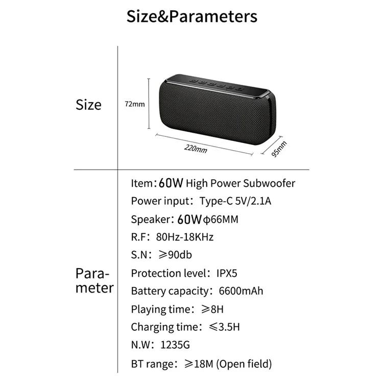 60W Wireless Bluetooth 5.0 Bass Speaker Rechargeable Waterproof Subwoofer - Black