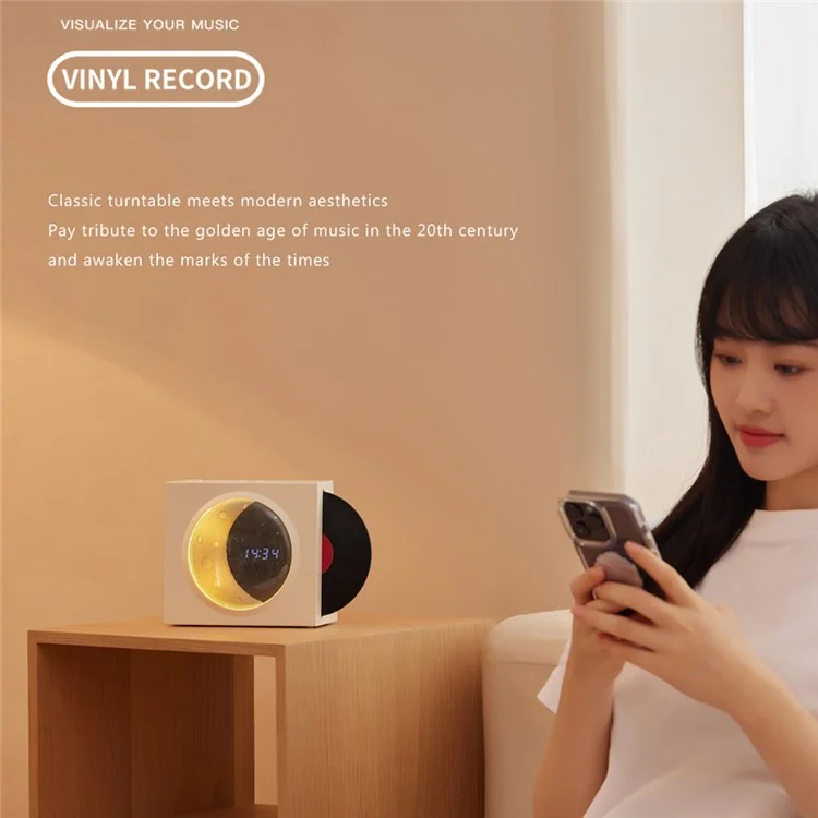 Vinyle Plate Moon Style Alarm Clock Bluetooth Speaker Stereo Sound Wireless Subwoofer - White