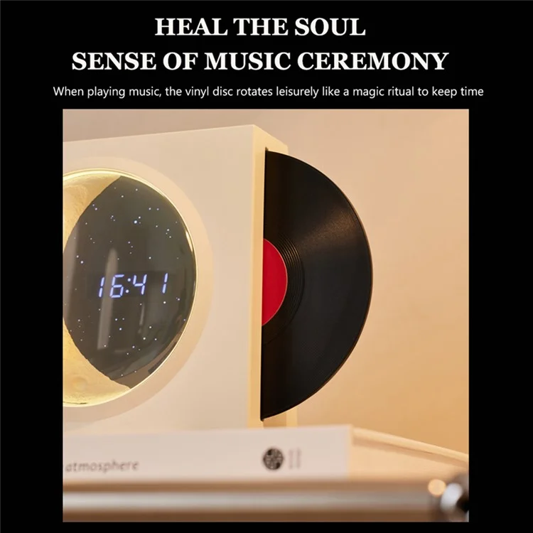 Vinyle Plate Moon Style Alarm Clock Bluetooth Speaker Stereo Sound Wireless Subwoofer - White