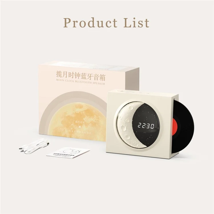 Vinyle Plate Moon Style Alarm Clock Bluetooth Speaker Stereo Sound Wireless Subwoofer - White