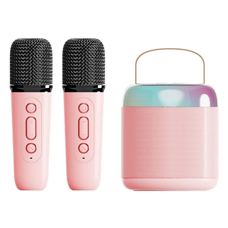 Colorful Light Mini Karaoke Machine Portable Bluetooth Speaker with 2 Wireless Microphones - Pink
