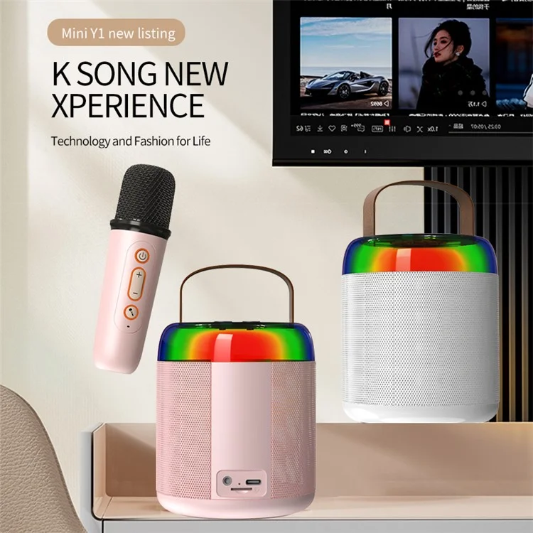 Colorful Light Mini Karaoke Machine Portable Bluetooth Speaker with 2 Wireless Microphones - Pink