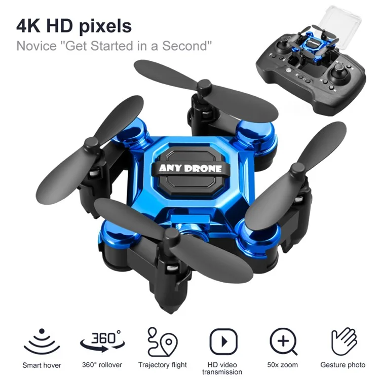 Folding Mini Aircraft Aerial Photography 4K HD Drone Portable 2.4GHz WiFi RC Airplane Toy with 120-Degree Wide-Angle Lens - Blue
